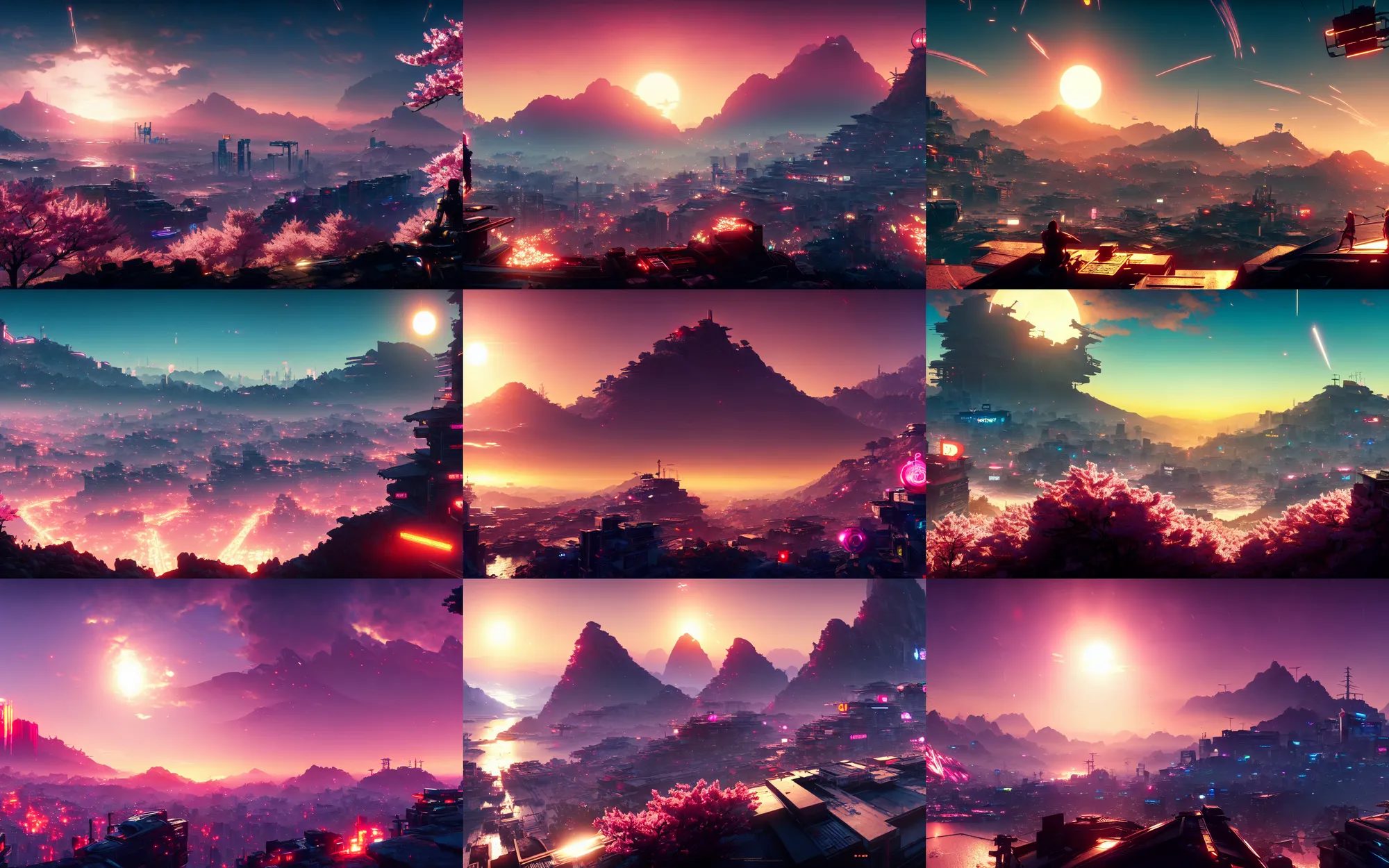 Image similar to sakura in the middle of the screen lit by the sun stands on a mountain from behind cyberpunk city, cyberpunk 2 0 7 7, city, wallpaper for monitor, cinematic view, concept art, high detail, 4 k, by jordan grimmer, art greg rutkowski, ivan aivazovsky, ruan jia, reza afshar, marc simonetti