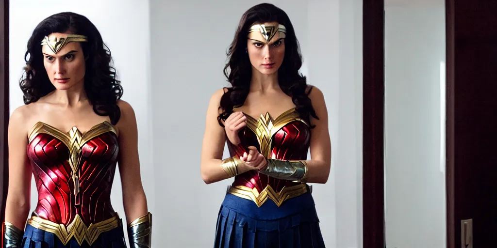 Image similar to ultra wide angle photo of torrey devito dressed in a white blouse and black dress pants as diana prince looking at herself in a bathroom mirror and seeing her reflection as wonder woman