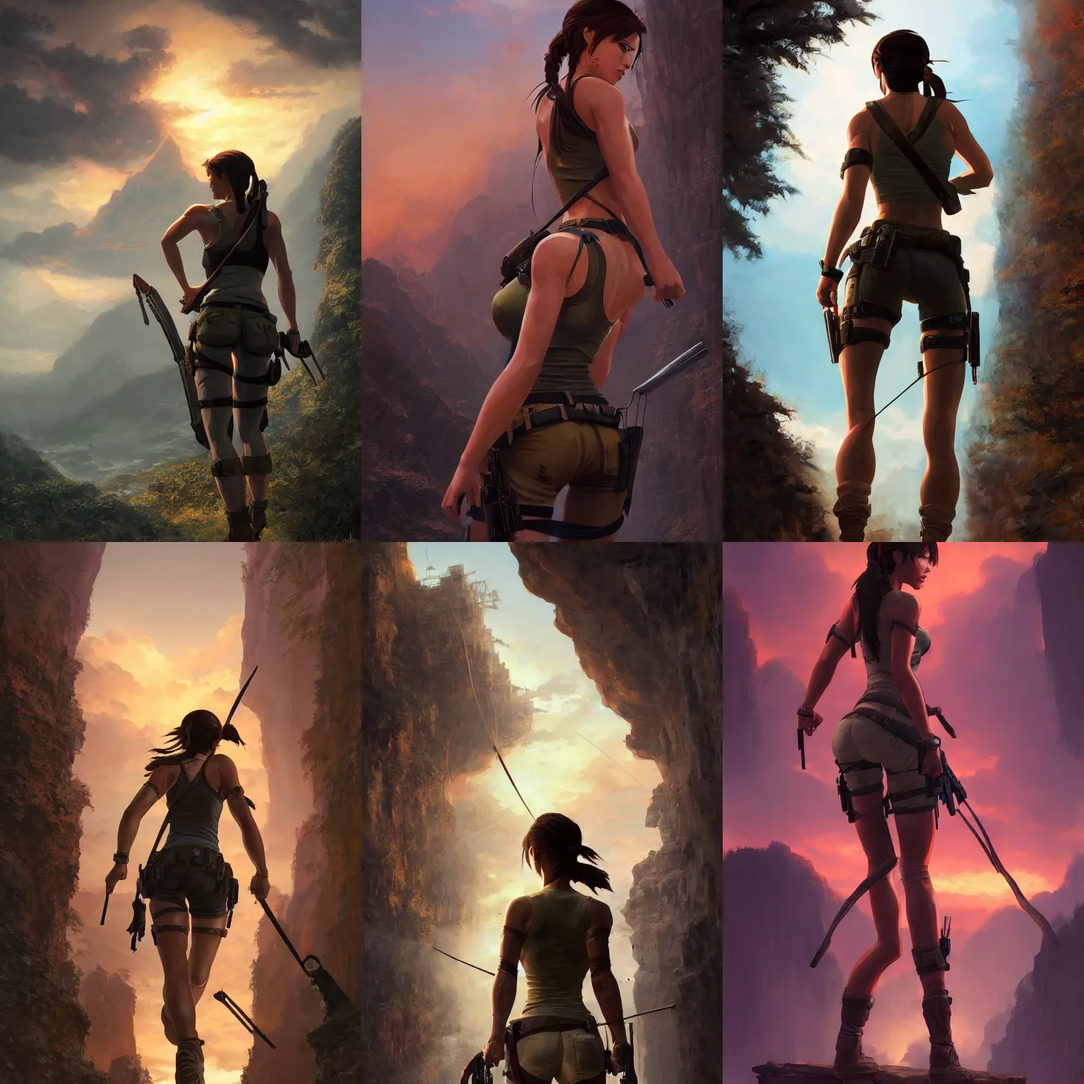 Prompt: a portrait of lara croft, a view from behind, tomb raider setting, vivid colors, soft lighting, atmospheric, cinematic, moody, in the style of ilya kuvshinov and range murata, krenz cushart, rule of thirds, oil on canvas, 8 k