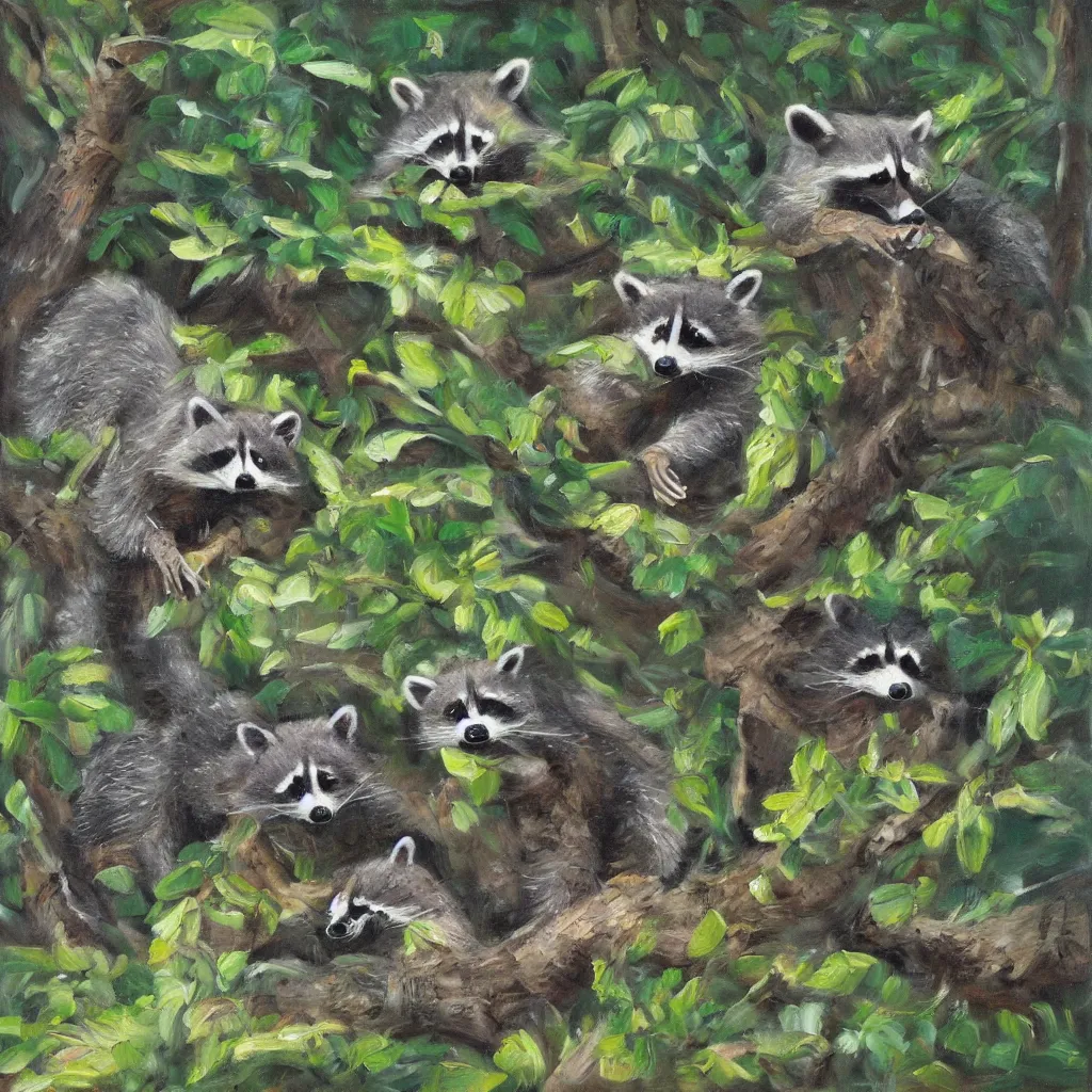 Prompt: a paradise for raccoons, oil painting