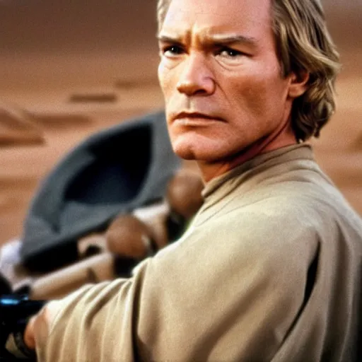 Image similar to patrick stewart with wavy blond hair as luke skywalker on tatooine