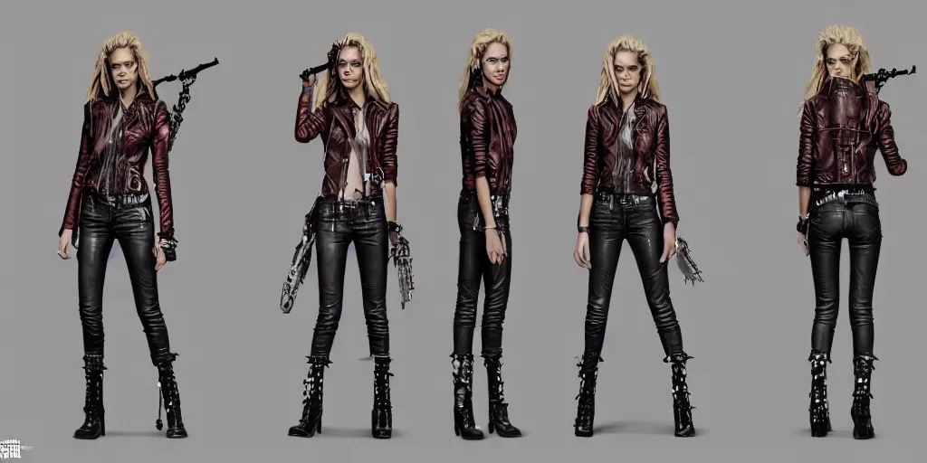 Image similar to halston sage as a punk rocker, character sheet, concept design, contrast, hot toys, kim jung gi, greg rutkowski, zabrocki, karlkka, jayison devadas, trending on artstation, 8 k, ultra wide angle, pincushion lens effect