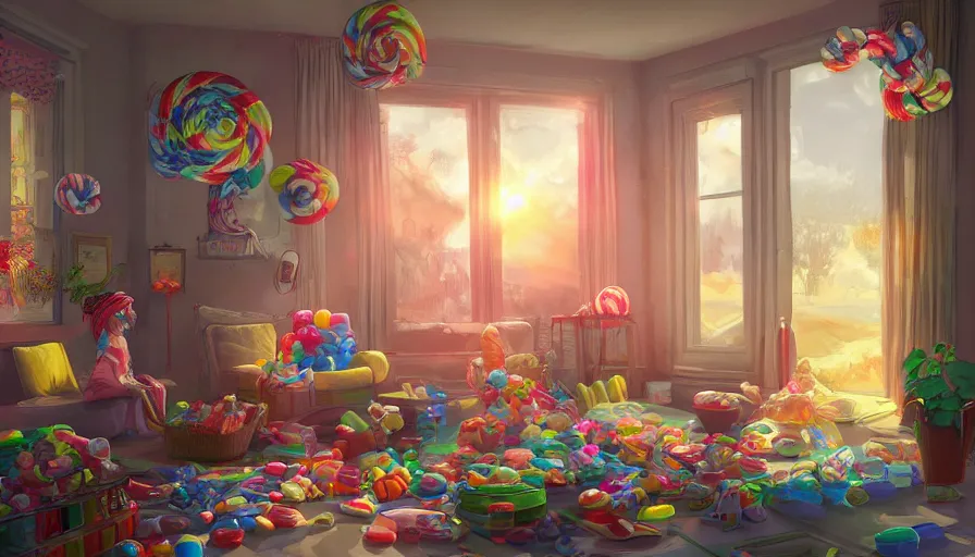 Image similar to house full of candies and lollipop, sunrise light through windows, hyperdetailed, artstation, cgsociety, 8 k