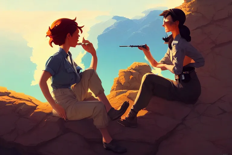 Image similar to a painting of a military woman sitting on a cliff, smoking a cigarette, a character portrait by rhads, makoto shinkai and lois van baarle, ilya kuvshinov, rossdraws global illumination and tom bagshaw, cg society, fantastic realism, intricate, detailed