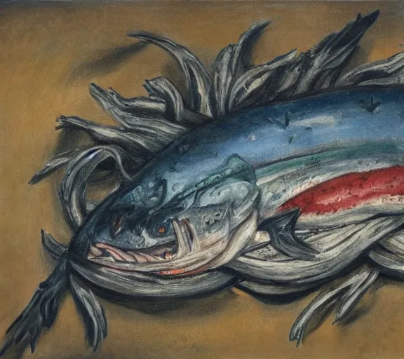 Image similar to a dead fish in the style of otto dix's der krieg, oil painting