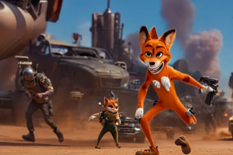 Image similar to nick wilde ( from zootopia ), heavily armed and armored facing down armageddon in a dark and gritty reboot from the makers of mad max : fury road