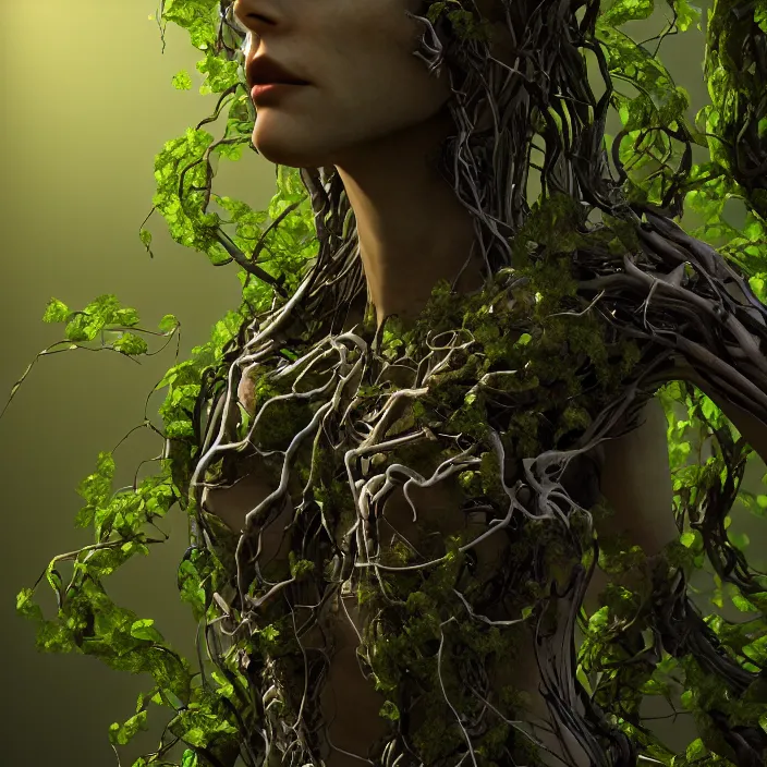 Image similar to female cyborg dryad standing, entwined by vines and roots, dark forest, surreal, light shining through, hyper - realistic, highly detailed, sharp focus, smooth, intricate, octane render