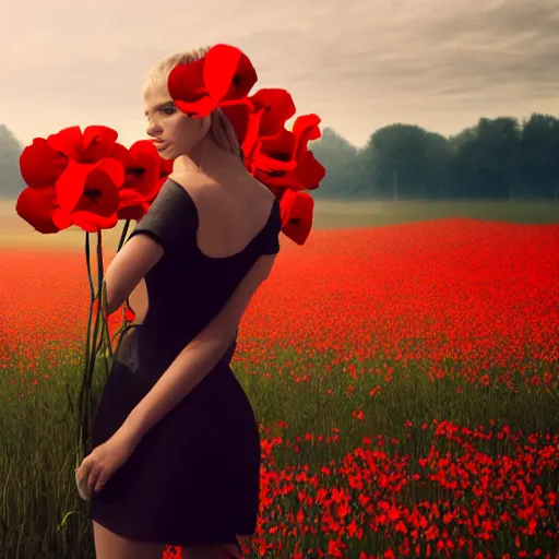 Image similar to a beautiful woman standing next to a field of poppies, dutch, blonde, tall, pretty, atmospheric, epic composition, trending on artstation, octane render