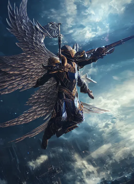 Image similar to archangel micheal flying in sky by huang guangjian, taekwon kim rostbite 3 engine, cryengine, dof, trending on artstation, digital art, chanel, dior, fantasy and detailed and intricate background