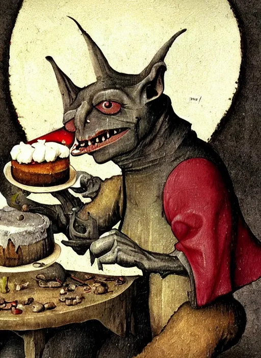 Image similar to medieval goblin eating cakes painted by hieronymus bosch, detailed digital art, trending on Artstation