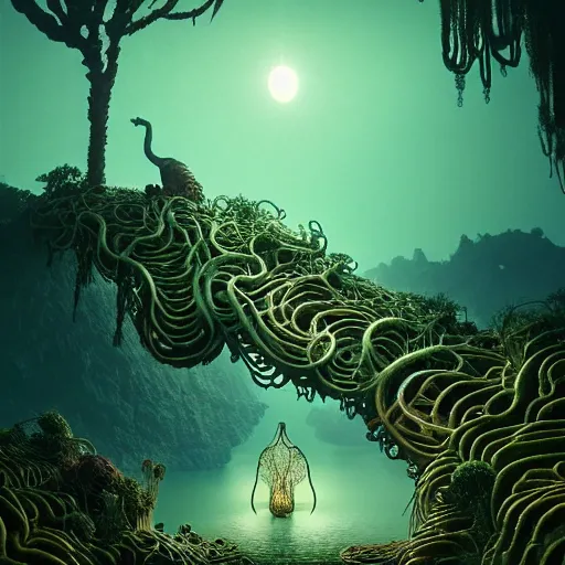 Image similar to creature in a desert lush vegetation, warm tones, night, water reflection, bioluminescent translucent : : by michal karcz, daniel merriam, victo ngai and guillermo del toro : : ornate, dynamic, particulate, intricate, elegant, highly detailed, centered, artstation, smooth, sharp focus, octane render, 3 d