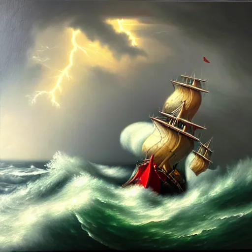 Image similar to a photo realistic oil painting of a galleon caught in a storm with high waves and lightning