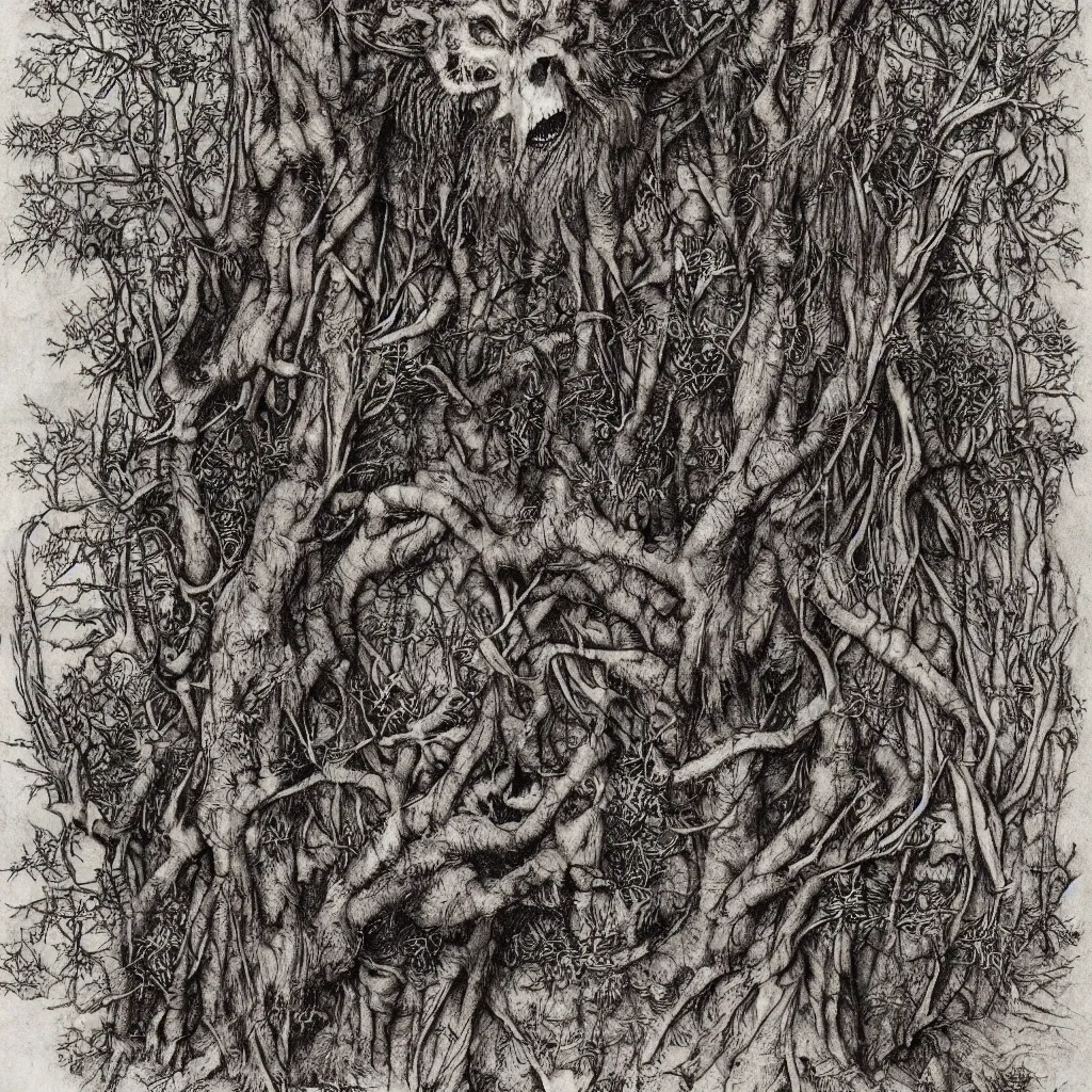 Image similar to leshen from wither 3, dark atmosphere, faded out colors, highly detailed muted colors, highly detailed illustration by albrecht durer, fine art sketch