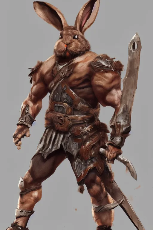 Image similar to anthropomorphic muscled rabbit warrior, Artstation