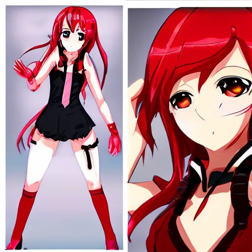 Image similar to maki nishikino from love live with cyborg body, red hair, anime style