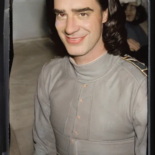 Prompt: a real life and handsome lord farquaad posing for the camera in the 1980s, polaroid, fashion show backstage