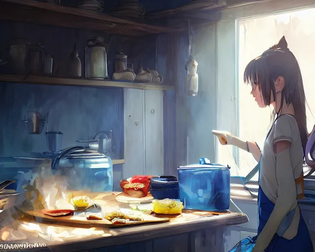 Image similar to a brunnete girl with blue eyes and puffy cooking breakfast in her messy house, holding a pan, close up shot from the side, anime art, Greg Rutkowski, studio ghibli, dramatic lighting