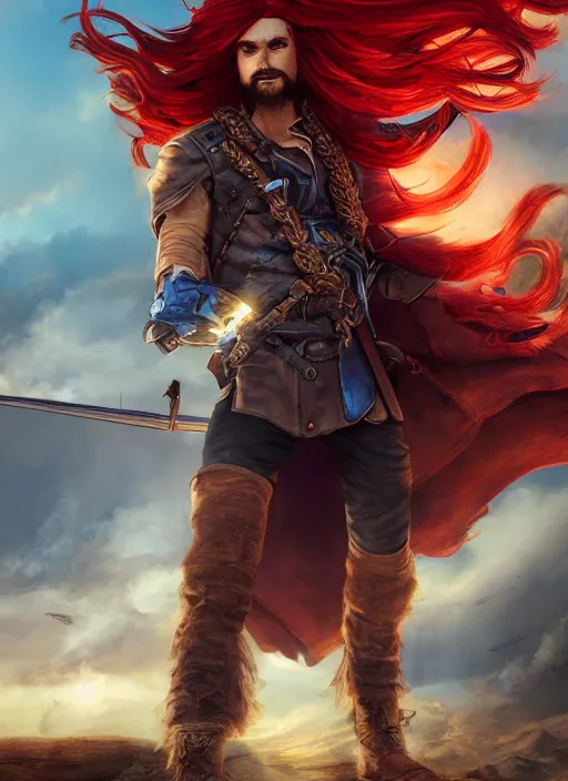 Image similar to An epic fantasy comic book style portrait painting of a long haired, red headed male sky-pirate wielding a pistol in front of an airship, unreal 5, DAZ, hyperrealistic, octane render, cosplay, RPG portrait, dynamic lighting