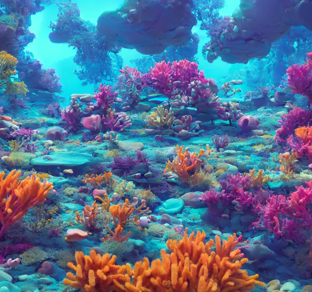 Image similar to underwater neon coral reef landscape magical realism painting with sun rays coming from above, neon pastel colors, octane render, maya, cinema 4d