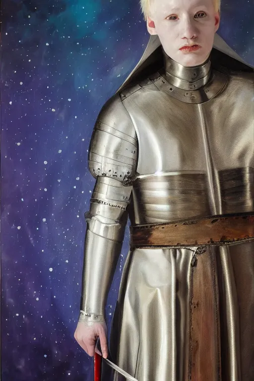 Image similar to hyperrealism oil painting, close - up portrait of albino medieval fashion model, knight, steel gradient mixed with nebula sky, in style of baroque