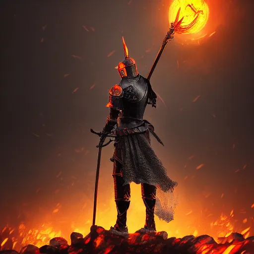 Prompt: the knight of the eternal flame, dark souls concept art, dramatic lighting, trending on artstation hq, 4 k, uhd