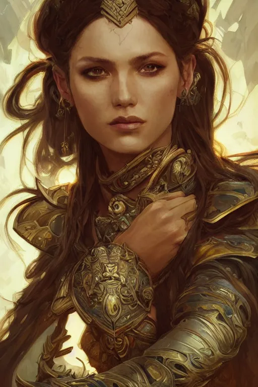Prompt: portrait of a young beautiful warrior Queen, Warhammer, fantasy, intricate, beautiful eyes, cinematic lighting, highly detailed, digital painting, Artstation, concept art, smooth, sharp focus, illustration, art by Artgerm and Greg Rutkowski and Alphonse Mucha