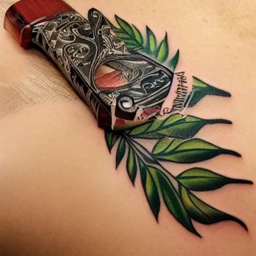 Prompt: neotraditional Tattoo of a switchblade with fern wrapping around it