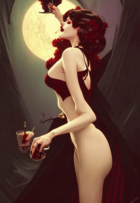 Image similar to elegant pin-up vampire at 50’s style diner, fantasy magic, dark light night, intricate, elegant, sharp focus, illustration, highly detailed, digital painting, concept art, matte, art by WLOP and Artgerm and Greg Rutkowski and Alphonse Mucha, masterpiece