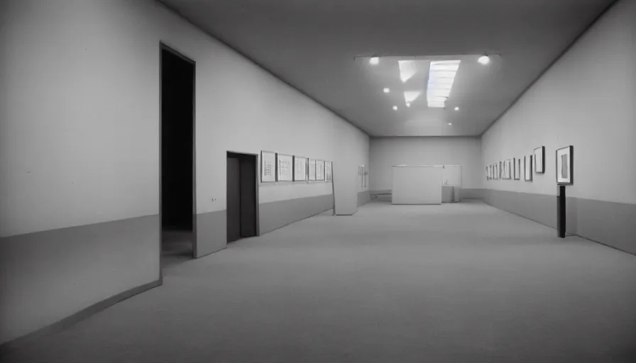 Prompt: 60s movie still of a sovietic stalinist style empty art museum with a soviet congress with yellow wall, LOMOGRAPHY ORCA 100 B&W (110), liminal Space style, heavy grain