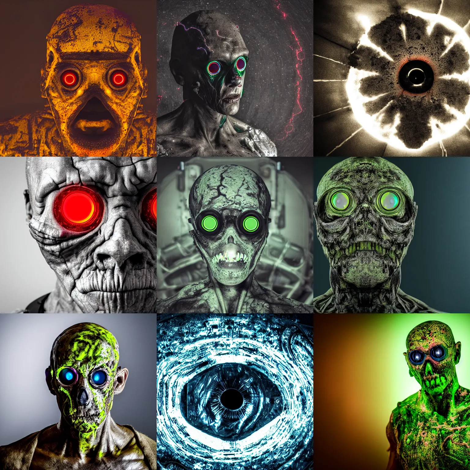 Prompt: portrait of a radioactive mutant from the wastelands, covered in nuclear waste, glowing eyes, studio photograph, canon eos 9 d