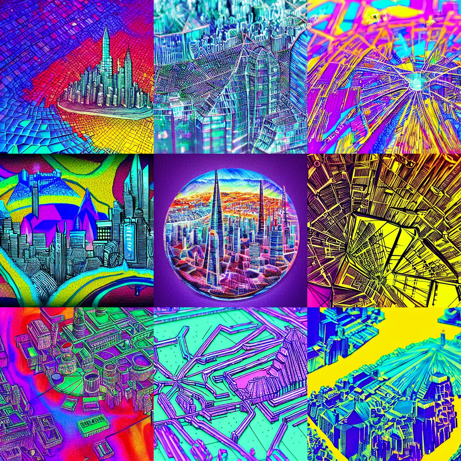 Prompt: micron view of a crystal in shape of a city, hd, hyper realistic, hyper detailed, 8 k, colorful, vibrant