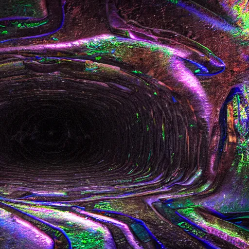 Image similar to Gigantic iridescent alien structures found in the depths of an enormous dark cave. Wide shot, cinematic, 4k