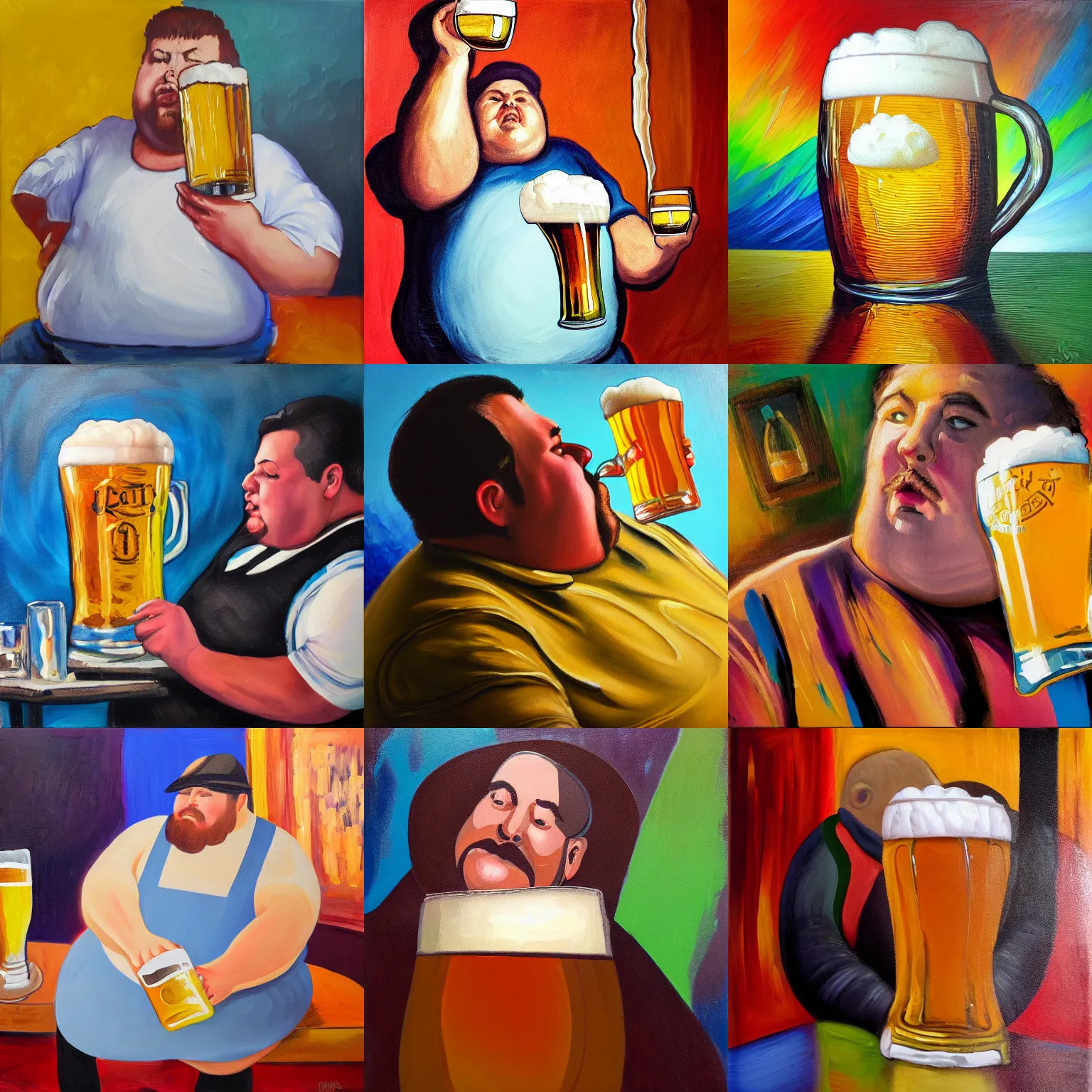 Prompt: obese man drinking a giant pint of beer, oil painting, glassware, thick strokes, vibrant, colorful, bright, reflections, sunlit, sharp, subsurface scattering, sharp edges, hazy, field of view