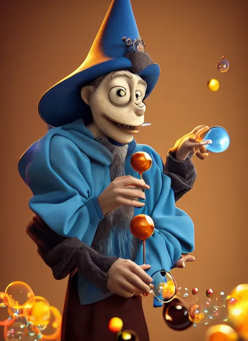 Image similar to an anthropomorphic beautiful male wizard blowing giant bubbles wearing blue robe, fine art, award winning, intricate, elegant, sharp focus, octane render, hyperrealistic, wizard hat cinematic lighting, highly detailed, digital painting, 8 k concept art, art by jamie hewlett and z. w. gu, masterpiece, trending on artstation, 8 k