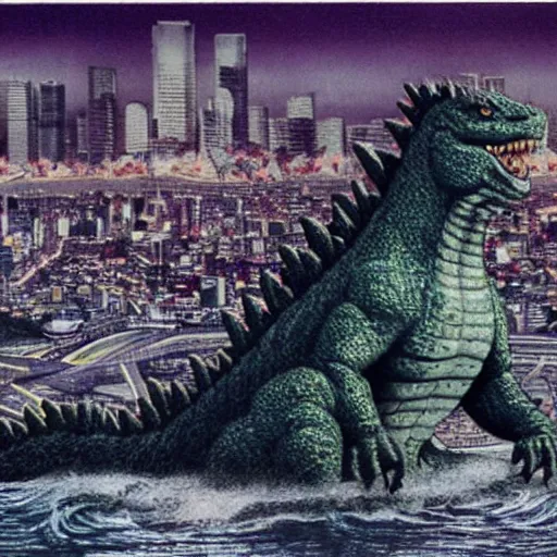 Image similar to godzilla eating a piece of cake. in the background tokyo city on fire