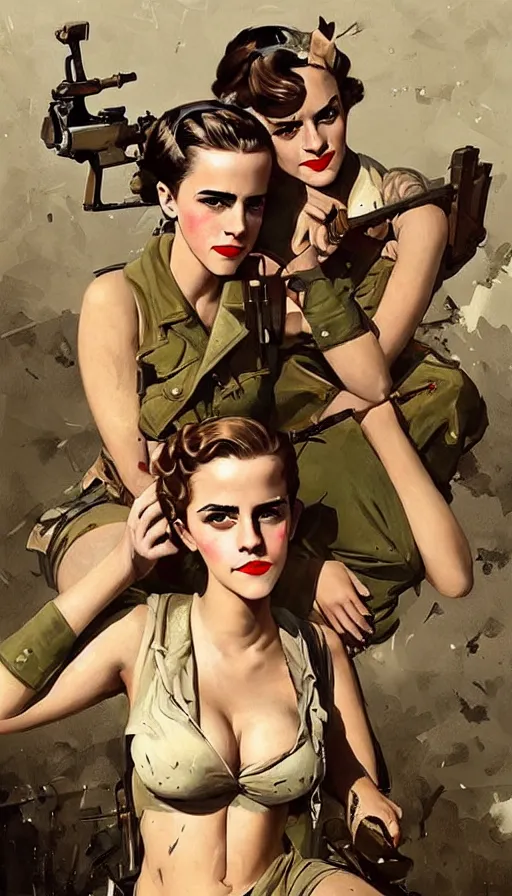 Image similar to “ emma watson and lindsey pelas as world war 2 pinup girls, tattoo, decorated ornaments by carl spitzweg, ismail inceoglu, vdragan bibin, hans thoma, greg rutkowski, alexandros pyromallis, perfect face, fine details, realistic shaded ”