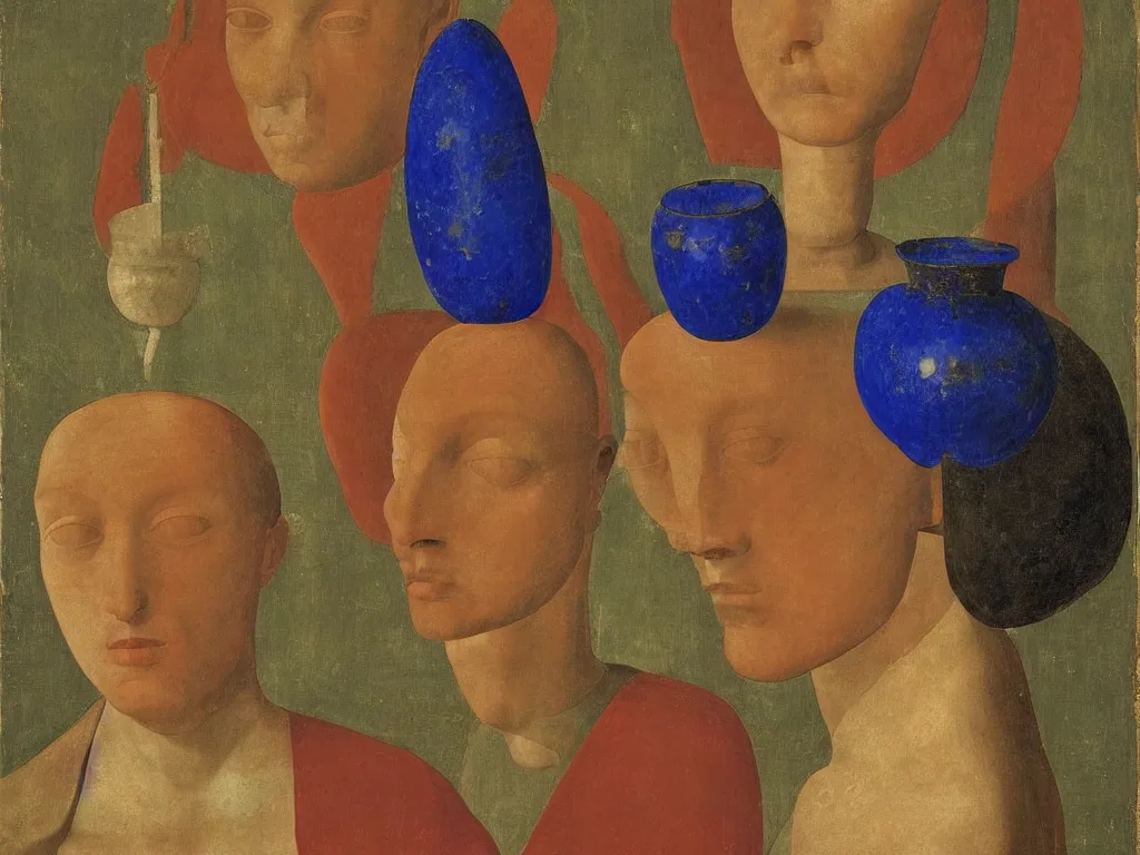 Prompt: portrait of a head with vase, amphora. lapis lazuli, malachite, cinnabar, gold. painting by piero della francesca, balthus, agnes pelton