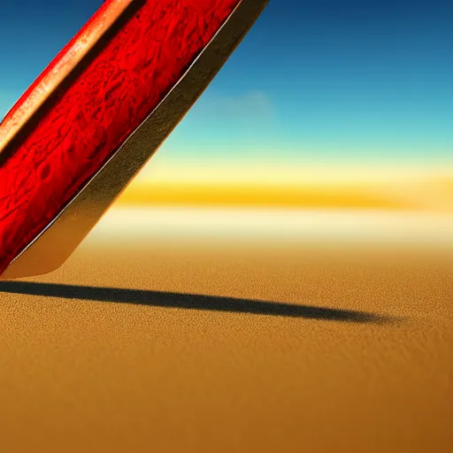 Prompt: a closeup photorealistic photograph of a red knife on the beach halfway covered with sand, fantastic four theme. bright scene. fine detail. this 4 k hd image is trending on artstation, featured on behance, well - rendered, extra crisp, features intricate detail, epic composition and the style of unreal engine.