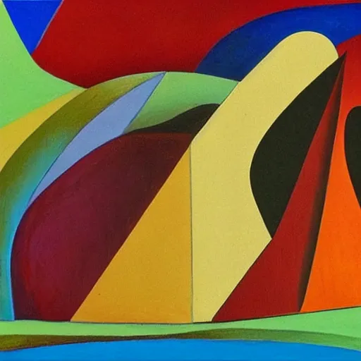 Image similar to woman woman as the natural landscape, her curves form the mountains and rivers of this land , high quality art in the style of cubism and georgia o’keefe,