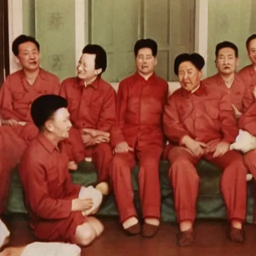 Image similar to mao zedong in pyjamas at a sleepover with stalin 9 0's music video