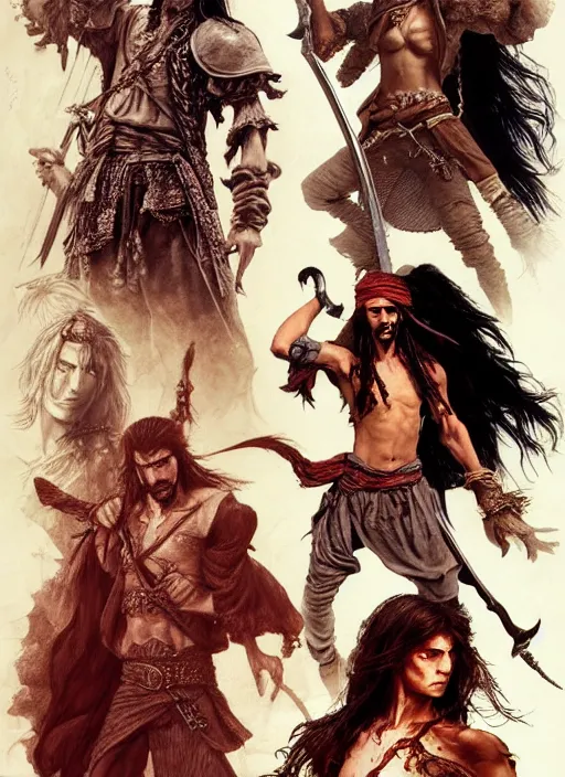 Image similar to detailed pencil spot illustrations of various character concepts from the prince of persia game and pirates of the caribbean movie, various poses, by burne hogarth, by bridgeman, by anthony ryder, by yoshitaka amano, by ruan jia, by conrad roset, by mucha, artstation, artstation.