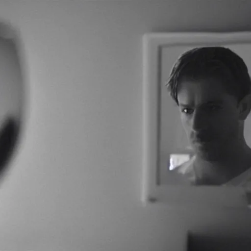 Prompt: Man holding hands with his reflection in the mirror, award winning movie still, 35 mm, cinematic, Blumhouse