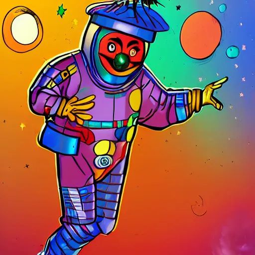 Prompt: techno - capitalist clown wearing space suit flying away in realistic space environs, digital art