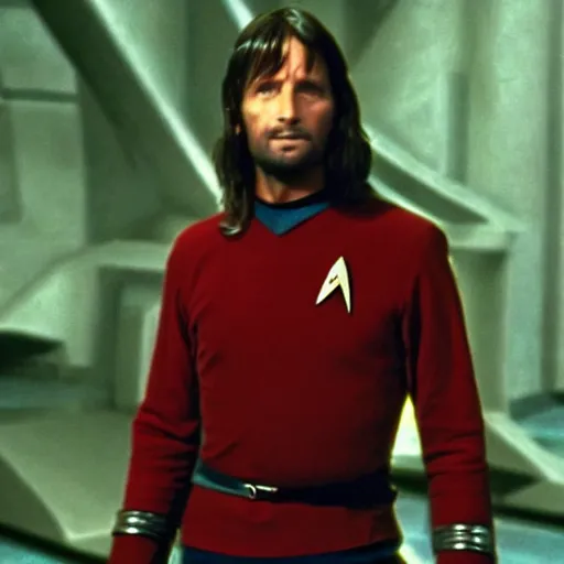 Image similar to A still of Aragorn as Scotty on Star Trek: The Original Series, red shirt, sharp focus, high quality, 4k