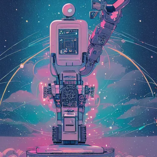 Image similar to colorful mcbess illustration of a robot trying to fox the universe, intricate complexity, by greg rutkowski, artgerm, ross tran, conrad roset, takato yomamoto, ilya kuvshinov. 4 k, beautiful, cinematic dramatic atmosphere