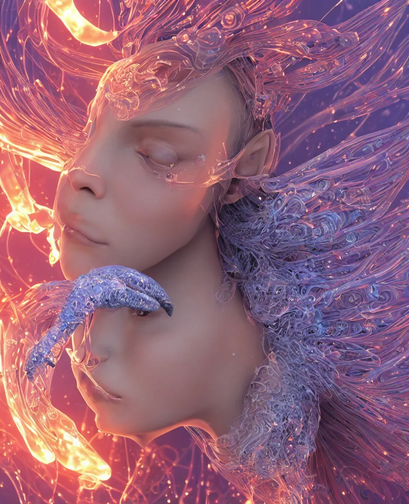 Image similar to close-up macro portrait of the face of a beautiful princess, epic angle and pose, symmetrical artwork, 3d with depth of field, blurred background, cybernetic jellyfish female face skull phoenix bird, translucent, nautilus, energy flows of water and fire. a highly detailed epic cinematic concept art CG render. made in Maya, Blender and Photoshop, octane render, excellent composition, cinematic dystopian brutalist atmosphere, dynamic dramatic cinematic lighting, aesthetic, very inspirational, arthouse. y Greg Rutkowski, Ilya Kuvshinov, WLOP, Stanley Artgerm Lau, Ruan Jia and Fenghua Zhong