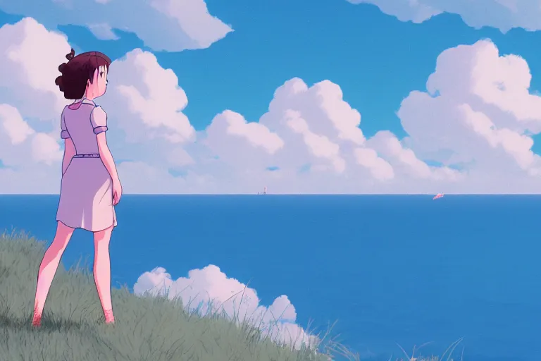 Image similar to A cell animation of a young woman looking out over the sea, Miyazaki Hayao, ghibli style, illustration, azure tones, vintage colors, large clouds visible, anime, trending on artstation