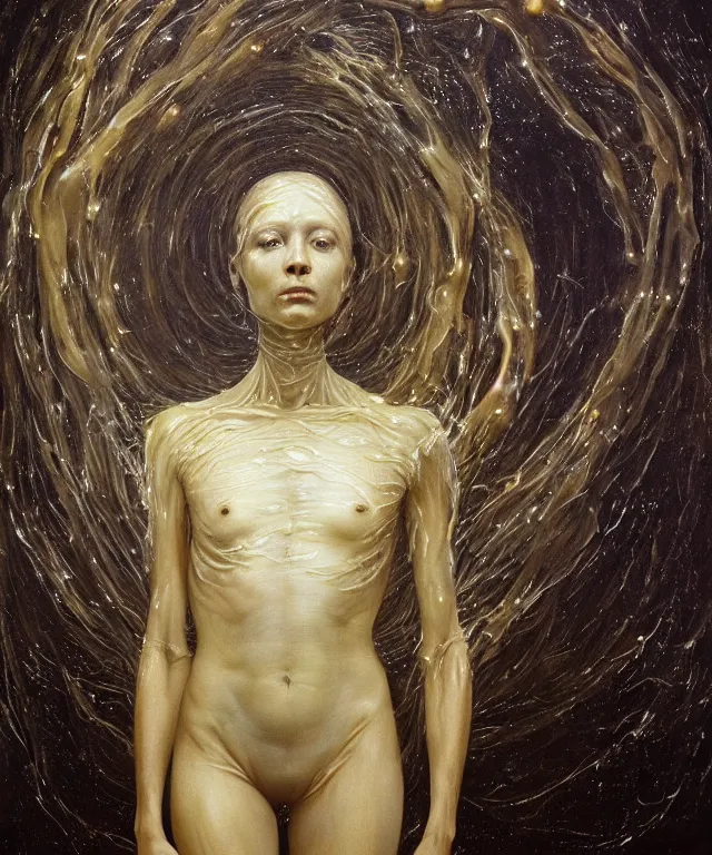 Image similar to Beautiful full-body wax sculpture of glowing transparent woman with visible golden bones covered with melted white candle wax inside the singularity where stars becoming baroque folds of dark matter by Michelangelo da Caravaggio, Nicola Samori, William Blake, Alex Grey and Beksinski, dramatic volumetric lighting, highly detailed oil painting, 8k, masterpiece