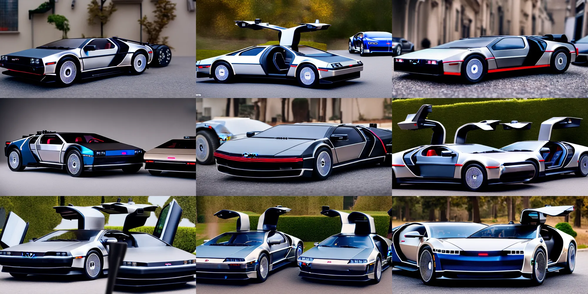 Prompt: a single delorean and bugatti chiron model 3 hybrid, dslr