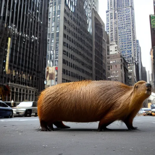 Prompt: A massive oversized capybara sitting in the middle of New York city. Shot from far away. Detailed photo.